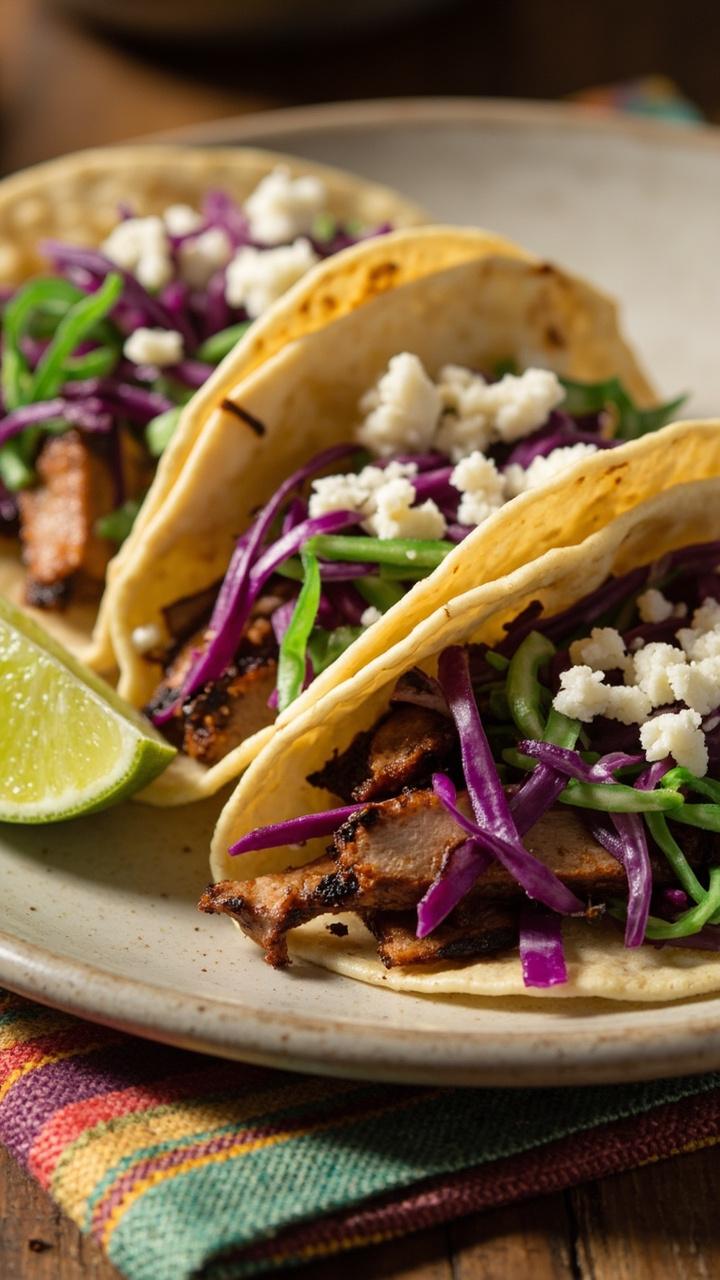 Three corn tortillas each folded and filled with thin strips of spiced leftover pork bright purple and green cabbage slaw and a sprinkle of crumbled cotija cheese. A small lime wedge sits on the side and a folded colorful napkin peeks from underneath the plate.