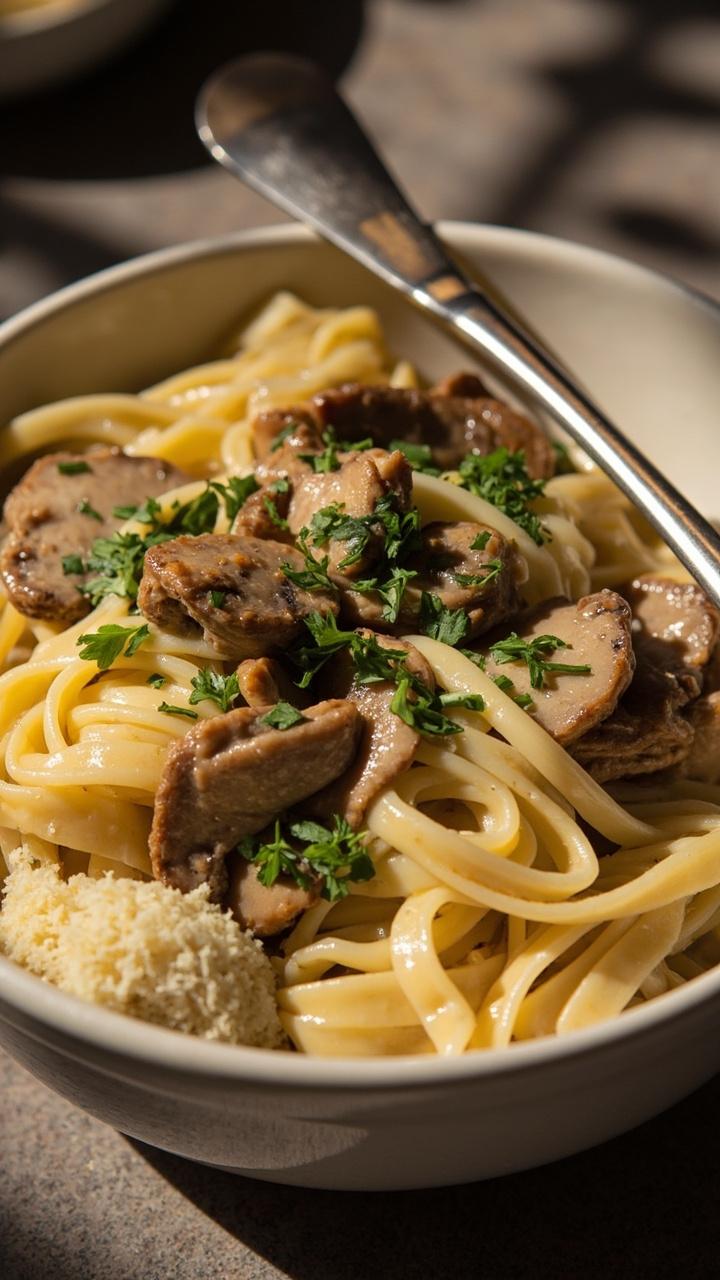 A shallow white bowl of ribbon pasta coated in a pale cream sauce dotted with brown mushroom slices and thinly sliced pork. A scattering of chopped parsley on top and a soft golden crust of grated parmesan beside the bowl complete the scene. A wooden fork rests on the rim.