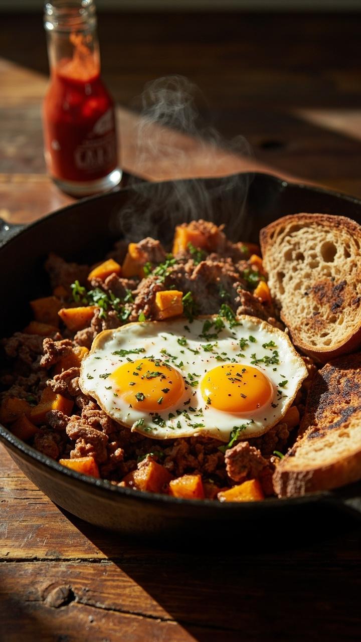 A cast iron skillet filled with golden cubed sweet potatoes browned bits of pork and flecks of green herbs. Two sunny side up eggs sit on top with runny yolks. A slice of toasted sourdough and a small jar of hot sauce sit nearby on a rustic table.