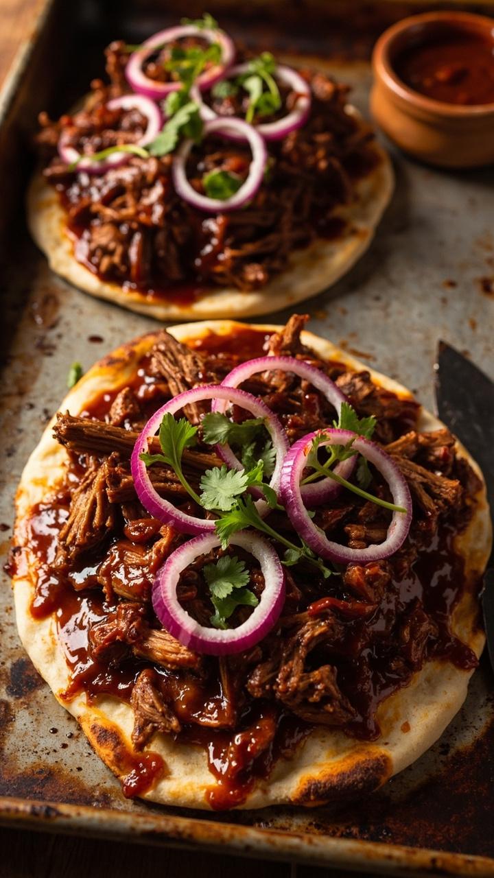 Two oval flatbreads on a baking sheet topped with shredded pork glossy barbecue sauce thin slices of pickled red onion and scattered cilantro leaves. One flatbread is sliced with a pizza cutter and a small bowl of extra barbecue sauce sits nearby.