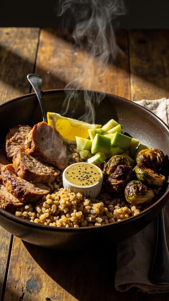 A deep bowl with a base of cooked farro or quinoa topped in sections with sliced pork tenderloin diced green apple roasted Brussels sprouts and a small scoop of grainy mustard vinaigrette. A lemon wedge and a fork rest beside the bowl on a wooden table.