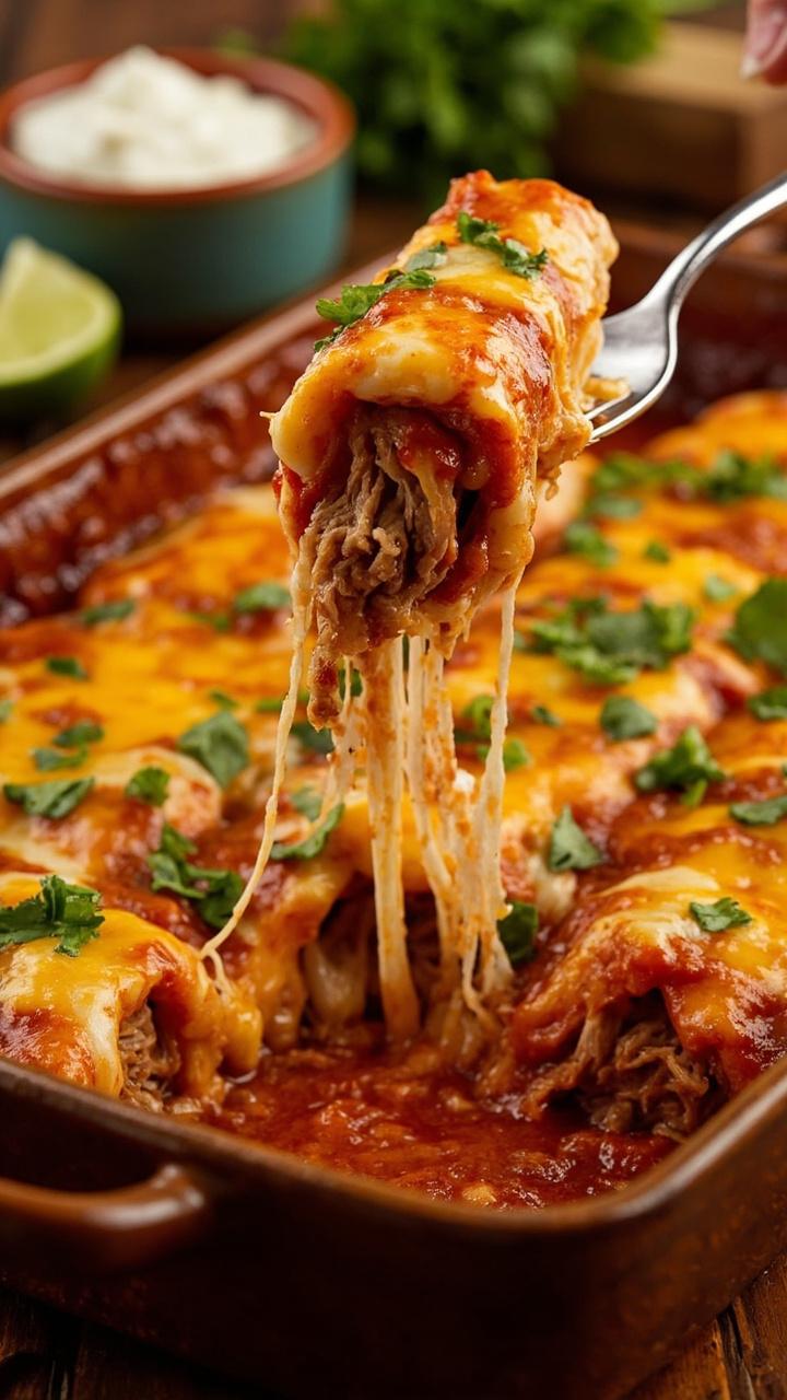 A baking dish filled with six enchiladas nestled in glossy red sauce with melted cheese bubbling on top and a sprinkle of chopped cilantro. A lime wedge and a small bowl of sour cream sit nearby. A fork lifts one enchilada revealing a tender pork filling.