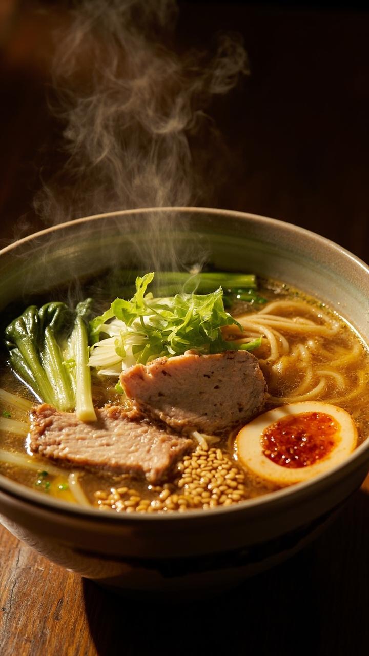 A deep ramen bowl filled with steaming clear broth thin noodles slices of pork tenderloin halved bok choy and sliced scallions. A soft boiled egg rests on the side of the bowl with a scattering of toasted sesame seeds on top.