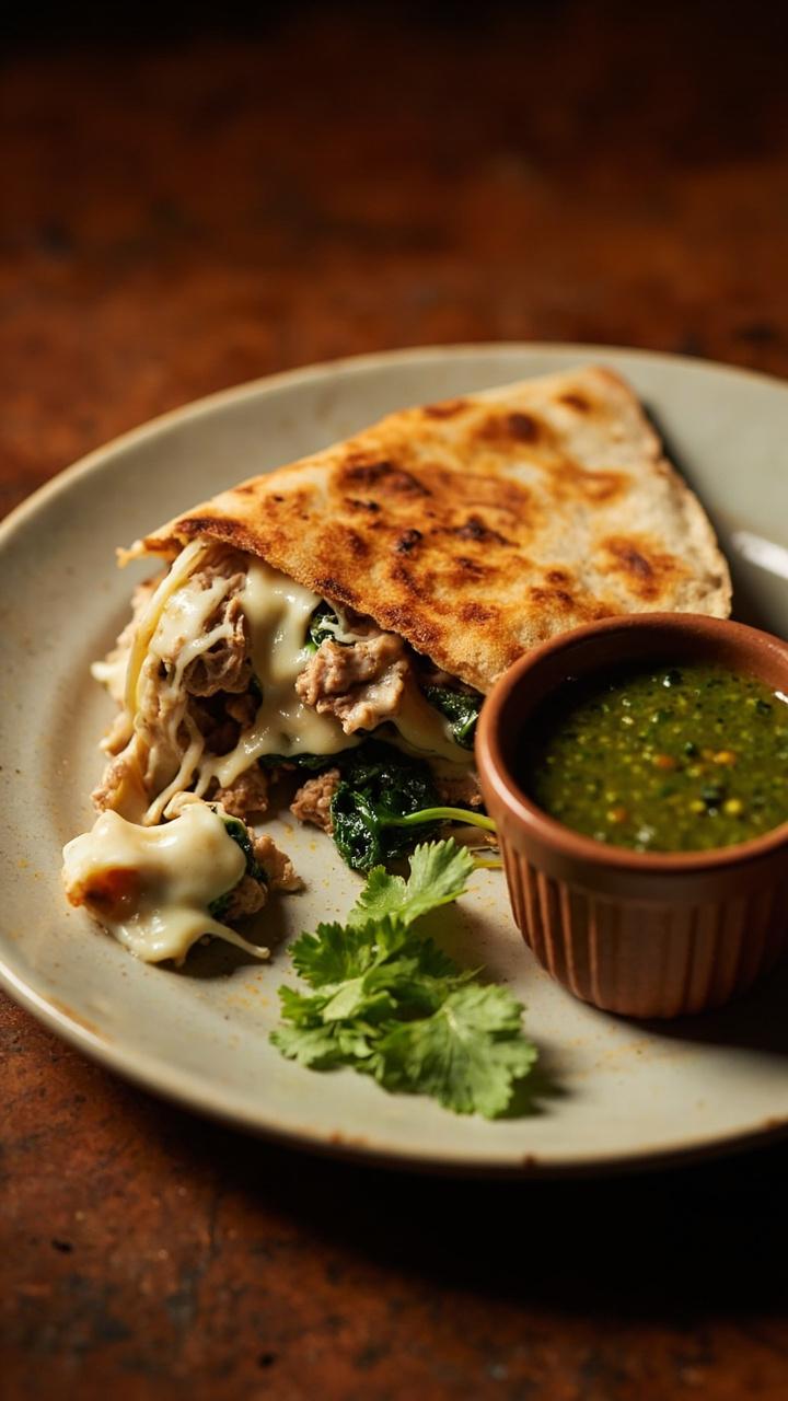 A skillet cut quesadilla showing melted cheese strings with bits of pork and wilted spinach. A ramekin of green chimichurri sits beside the wedge on a simple plate with a few cilantro leaves scattered around.