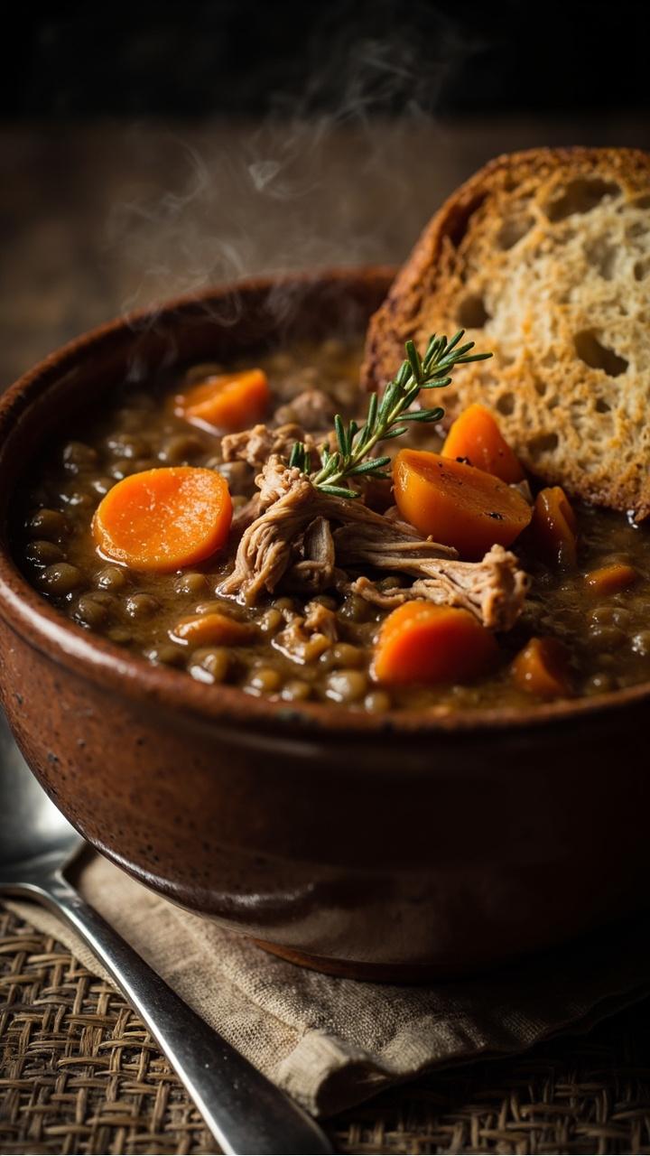 A deep soup bowl filled with thick brown lentil stew dotted with orange carrot slices and shredded pork. A sprig of thyme rests on top and a slice of crusty bread leans against the bowl on a cloth placemat. A spoon sits ready.