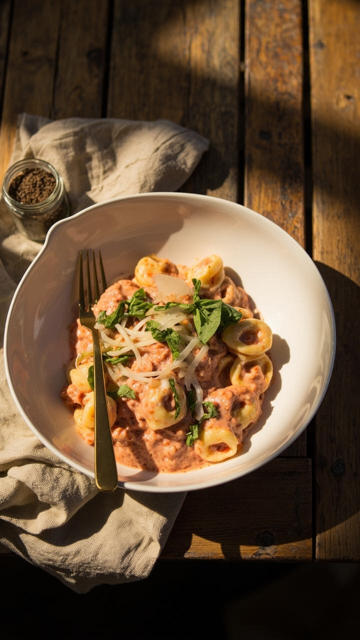 A shallow white bowl of tortellini in a pink creamy tomato sauce topped with chopped basil and shaved Parmesan. A golden fork rests on the edge. A linen napkin and a small jar of pepper sit on a weathered wood table.