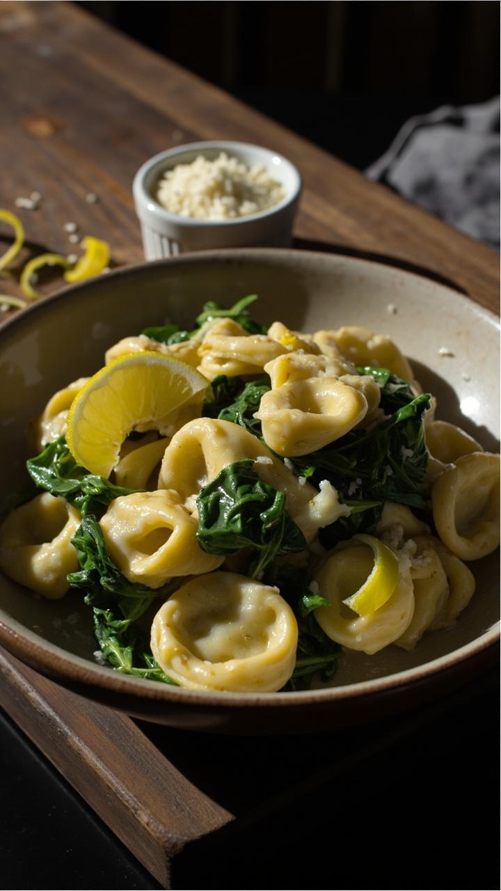 A shallow bowl of tortellini tossed with wilted bright green spinach and lemon zest. Thin lemon wedges sit on the rim of the bowl. A small white dish of grated Parmesan sits beside a wooden cutting board.