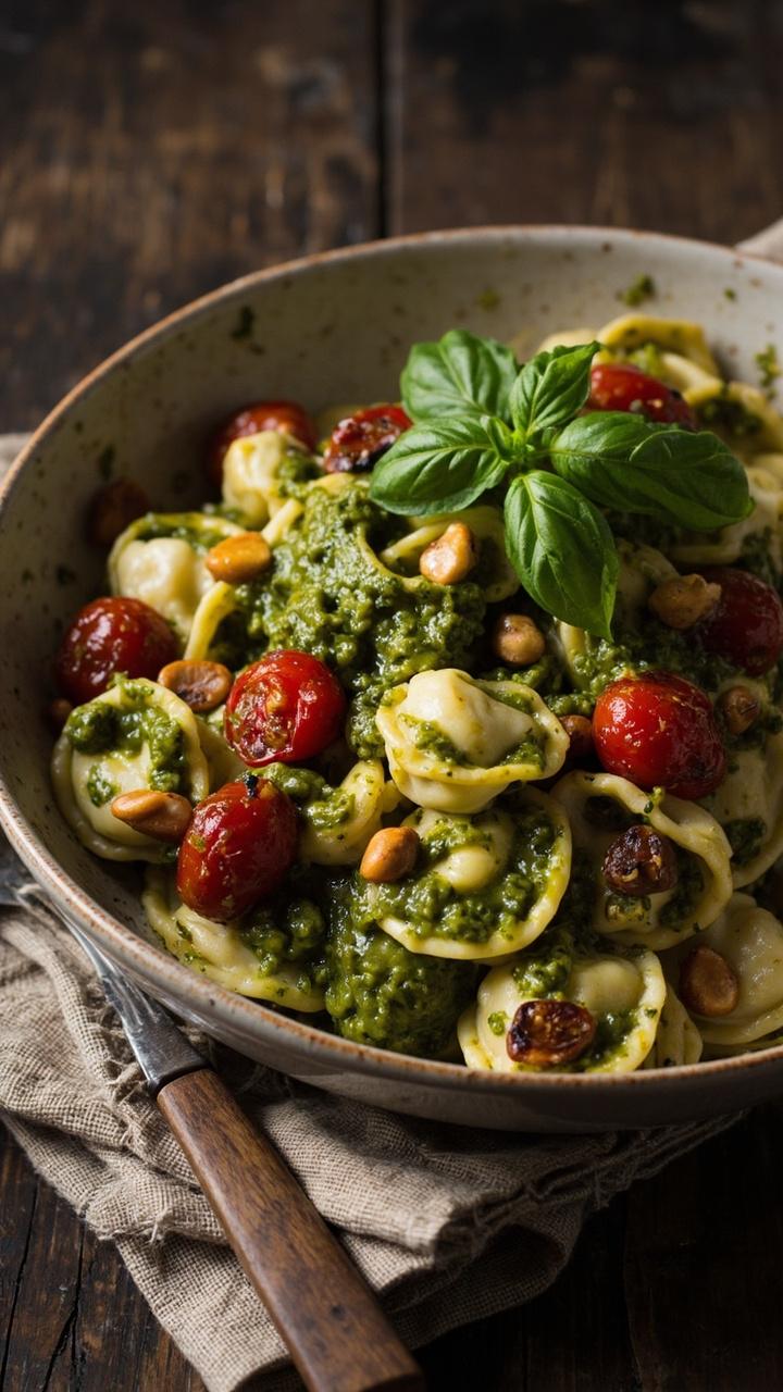 A wide shallow bowl with green pesto coated tortellini dotted with halved roasted cherry tomatoes and toasted pine nuts. A sprig of basil sits on top. A rustic napkin and a wooden spoon are nearby.