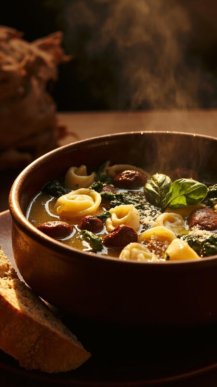 A deep soup bowl filled with golden broth, sausage pieces, tortellini, and ribbons of dark green kale. A sprinkle of Parmesan and a torn basil leaf float on top. A warm bread roll sits on a small plate beside the bowl.