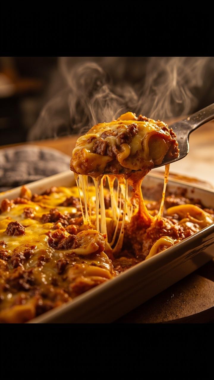 A bubbling rectangular casserole dish with golden melted cheese and browned sausage peeking through. A serving spatula lifts a cheesy portion showing layers of tortellini and sauce. A trivet and oven mitt sit nearby.