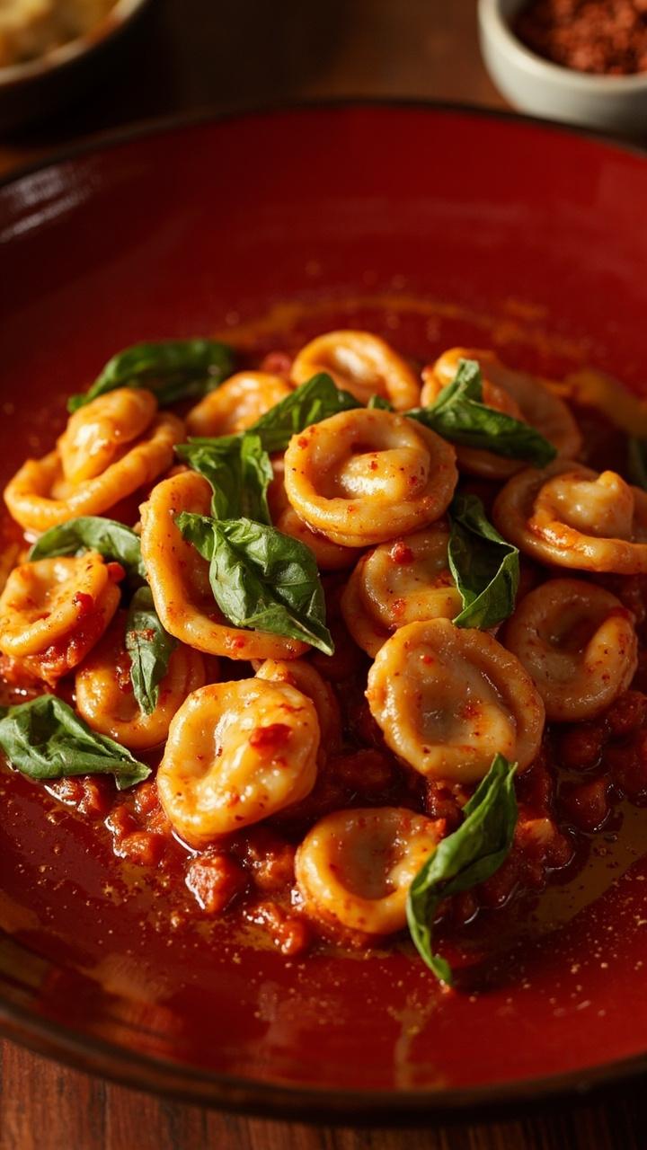 A deep red plate of tortellini tossed in a bright spicy arrabbiata sauce with flecks of chili and basil leaves. A drizzle of olive oil glistens on top. A small bowl of crushed red pepper sits beside the plate.