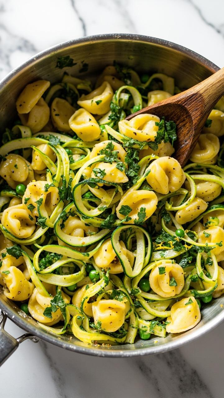 A large shallow pan filled with tortellini, colorful ribbons of zucchini yellow squash and peas in a light herbed sauce. Lemon zest and parsley are sprinkled on top. A wooden spoon rests in the pan on a marble countertop.