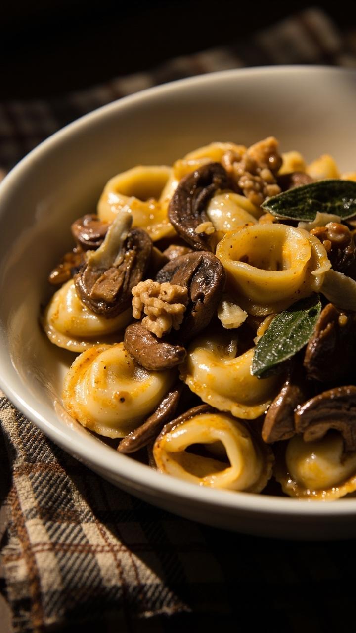 A white pasta bowl with tortellini nestled among sautéed brown mushrooms and crisped sage leaves. A brown butter sheen covers the pasta and toasted walnuts are scattered on top. A plaid napkin is beside the bowl.