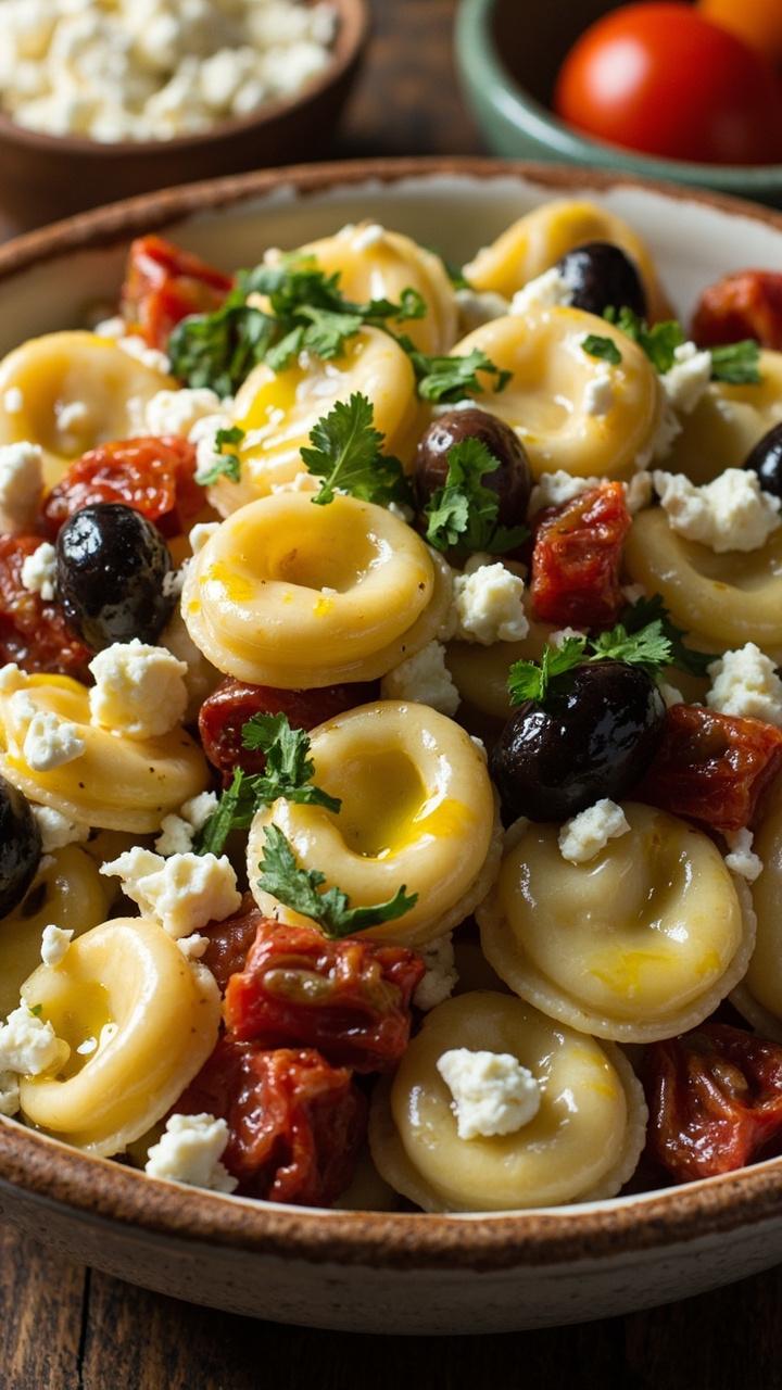 A shallow bowl of tortellini mixed with chopped sun dried tomatoes kalamata olives crumbled feta and chopped parsley. A drizzle of olive oil shines on top. A small bowl of extra feta sits nearby.