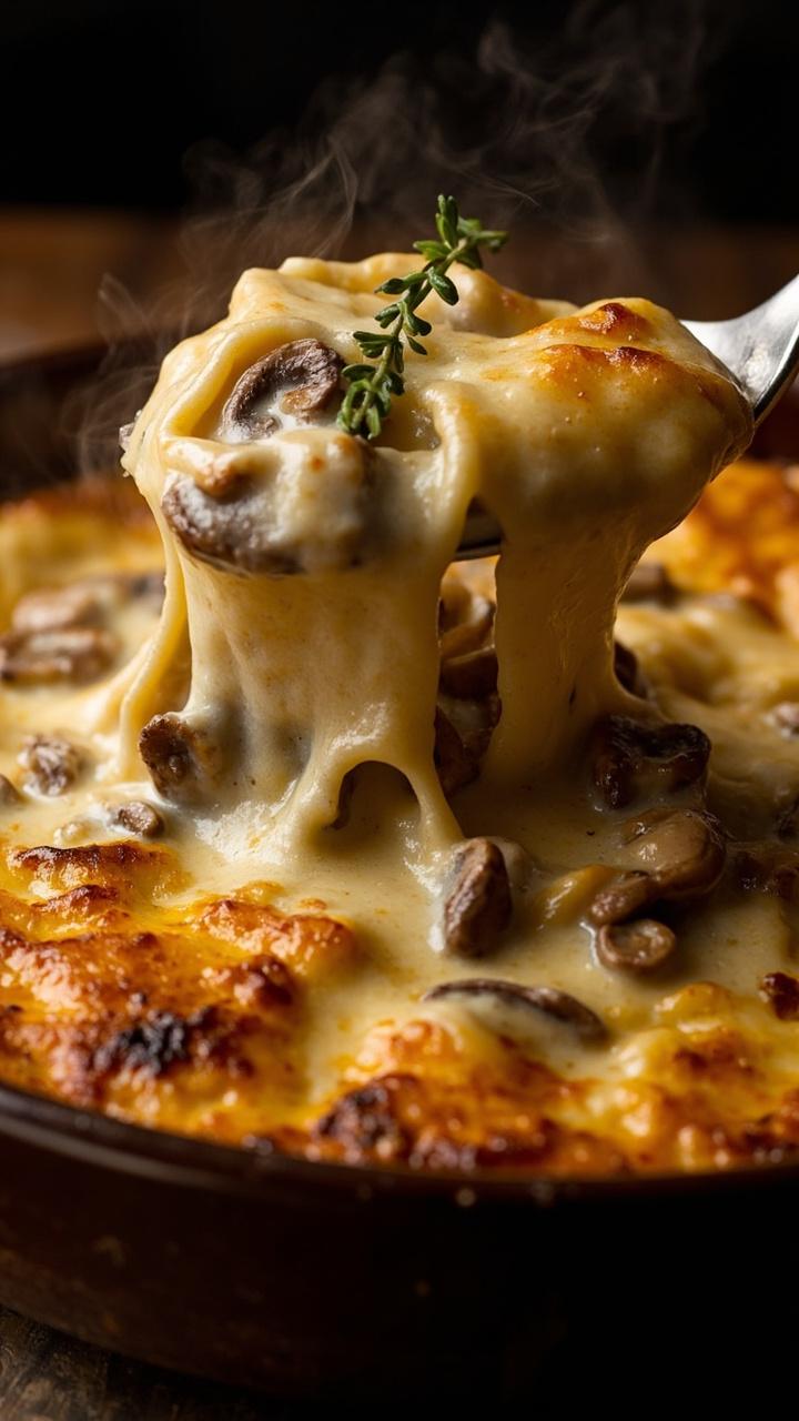 A round ovenproof dish with a bubbling creamy mushroom sauce and a golden brown cheese crust. A serving spoon pulls up a portion showing tortellini drenched in sauce and sliced mushrooms. A sprig of thyme decorates the top.
