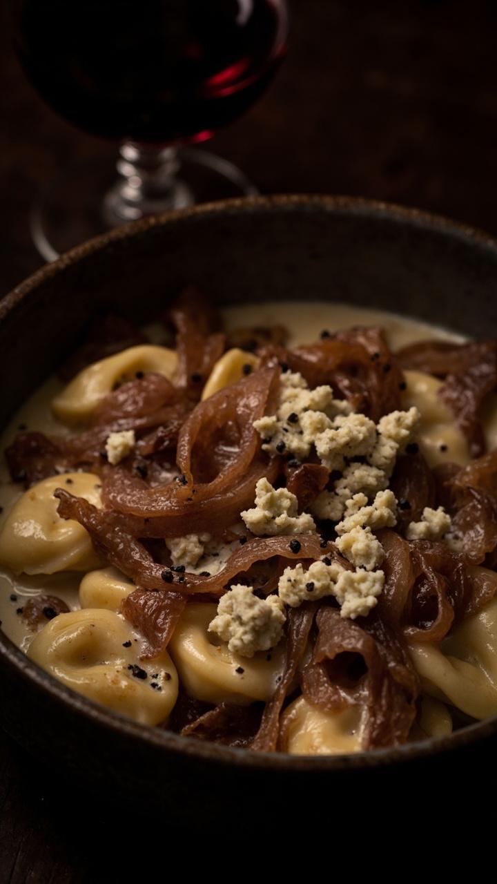 A dark bowl of tortellini coated in a creamy sauce with ribbons of deep brown caramelized onions and crumbles of blue cheese. A few cracked peppercorns are visible and a small glass of red wine sits nearby.