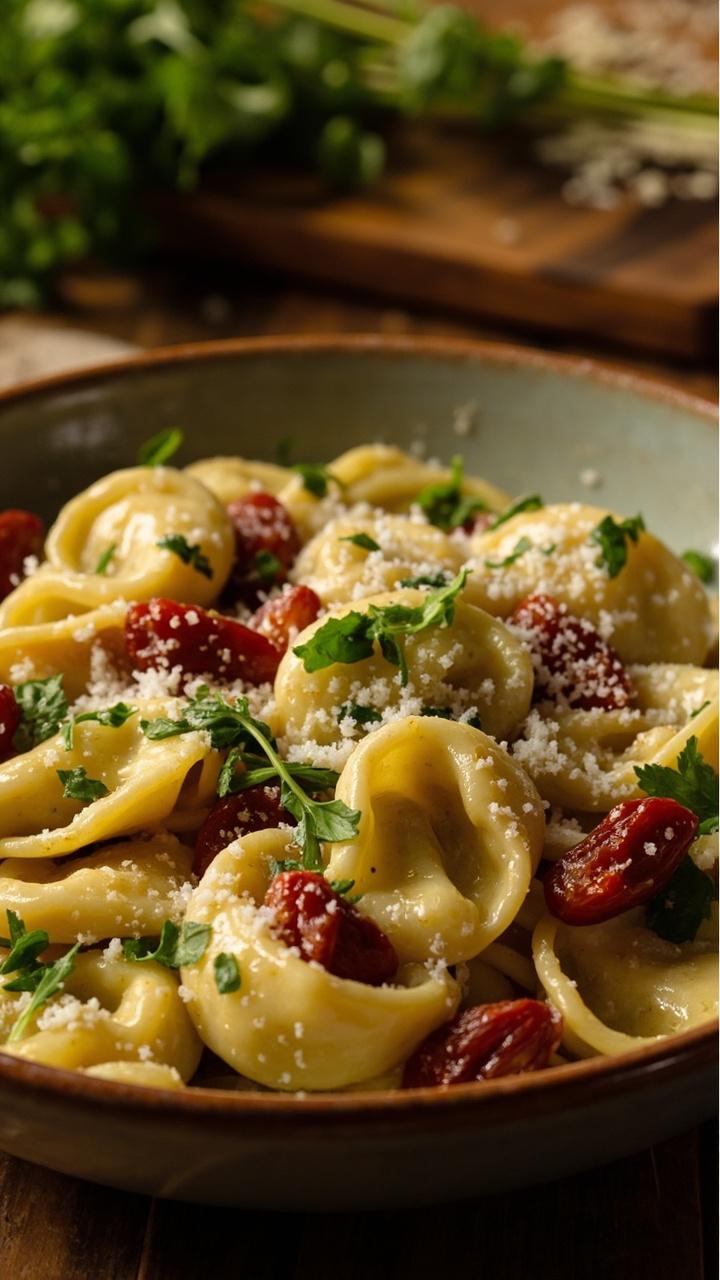 A shallow bowl of tortellini dotted with chopped sun dried tomatoes and a mix of chopped parsley and basil. A light oil sheen and a sprinkle of grated cheese finish the plate. A cutting board with herb stems is in the background.