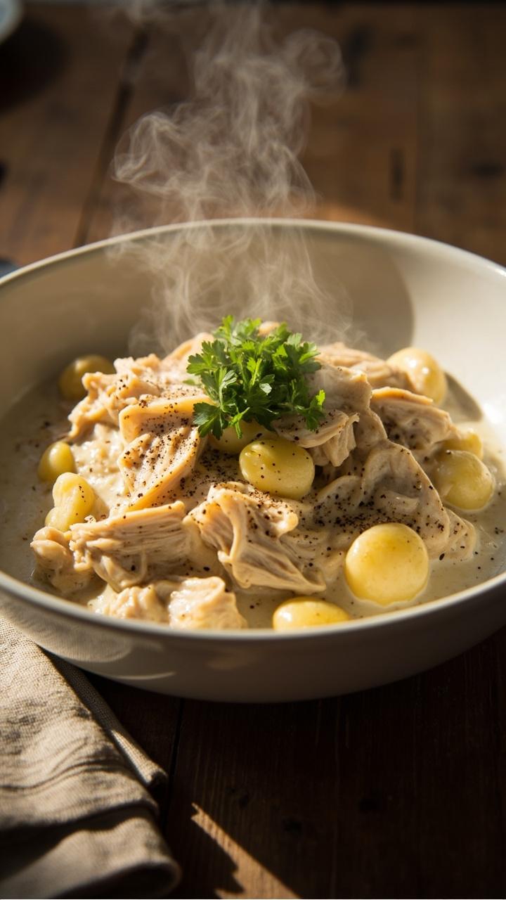 Warm shallow white bowl of pillowy gnocchi and shredded chicken in a pale cream sauce, sprinkled with bright green chopped parsley, a scattering of cracked black pepper, plain wooden table and a folded linen napkin beside the bowl