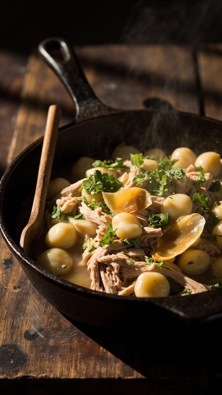Deep cast iron skillet filled with gnocchi and shredded chicken in a light herb broth, flecks of green herbs and slices of golden garlic visible, wooden spoon resting in the pan, rustic wood countertop beneath