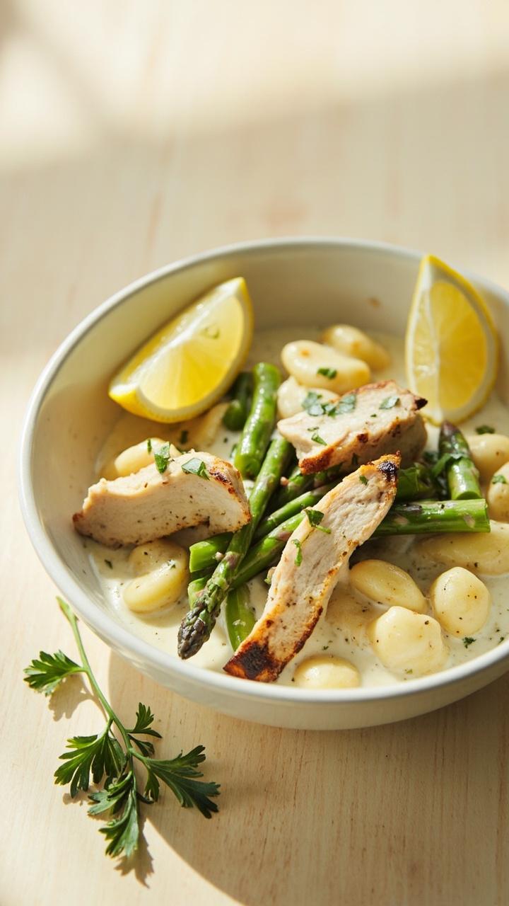 Shallow bowl with gnocchi, sliced grilled chicken and bright green asparagus tips in a pale lemon cream, thin lemon wedges on the rim, light wooden table and a sprig of parsley beside the bowl