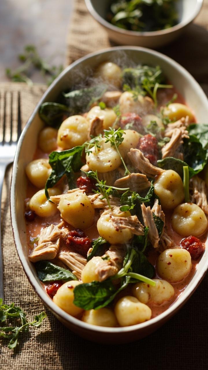 Oval serving dish with gnocchi, ribbons of wilted spinach, chunks of shredded chicken and bits of sun-dried tomato in a rosy cream sauce, microgreens scattered on top, linen placemat underneath