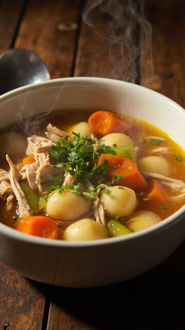 Deep white soup bowl filled with brothy soup showing gnocchi, shredded chicken, diced carrots and celery, a sprinkle of chopped parsley on top, steaming visible, wooden table and a small spoon beside the bowl