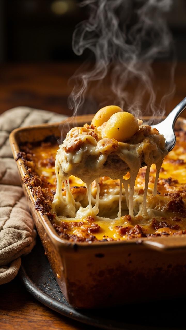 Rectangular ceramic baking dish with golden bubbly melted cheese on top, edges showing bits of browned breadcrumbs, a serving spoon scooping out a portion with gnocchi and shredded chicken visible, oven mitt nearby
