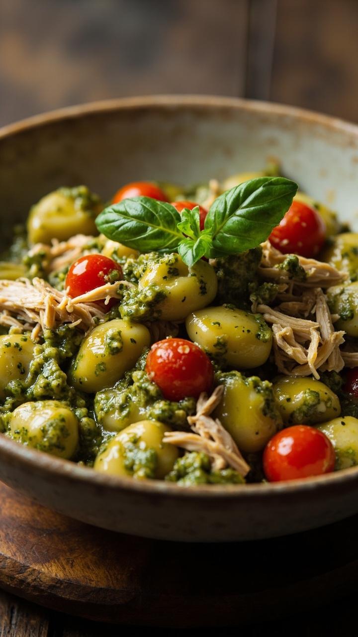 Shallow bowl with gnocchi tossed in green pesto, halved bright red cherry tomatoes and shredded chicken, a small basil leaf garnish, wooden board beneath and a drizzle of olive oil visible