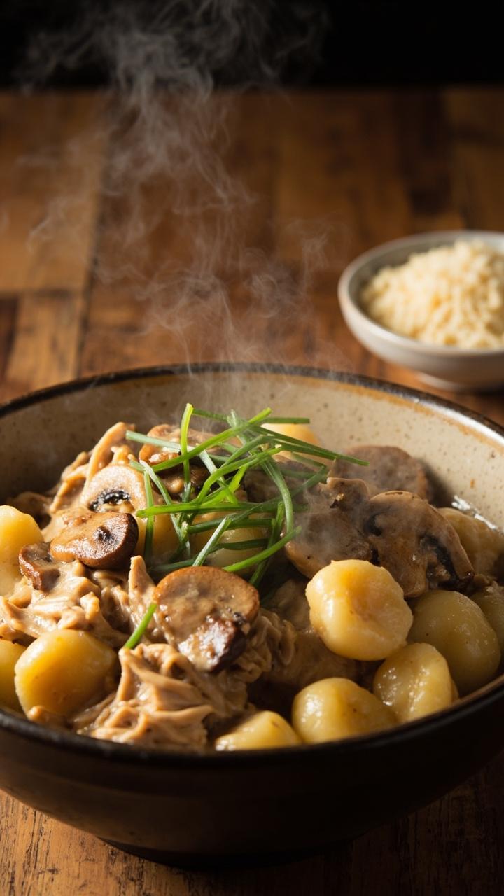 Warm bowl with sautéed brown mushrooms, gnocchi and shredded chicken in a light tan cream sauce, thinly sliced chives on top, natural wood table and a small dish of grated Parmesan nearby