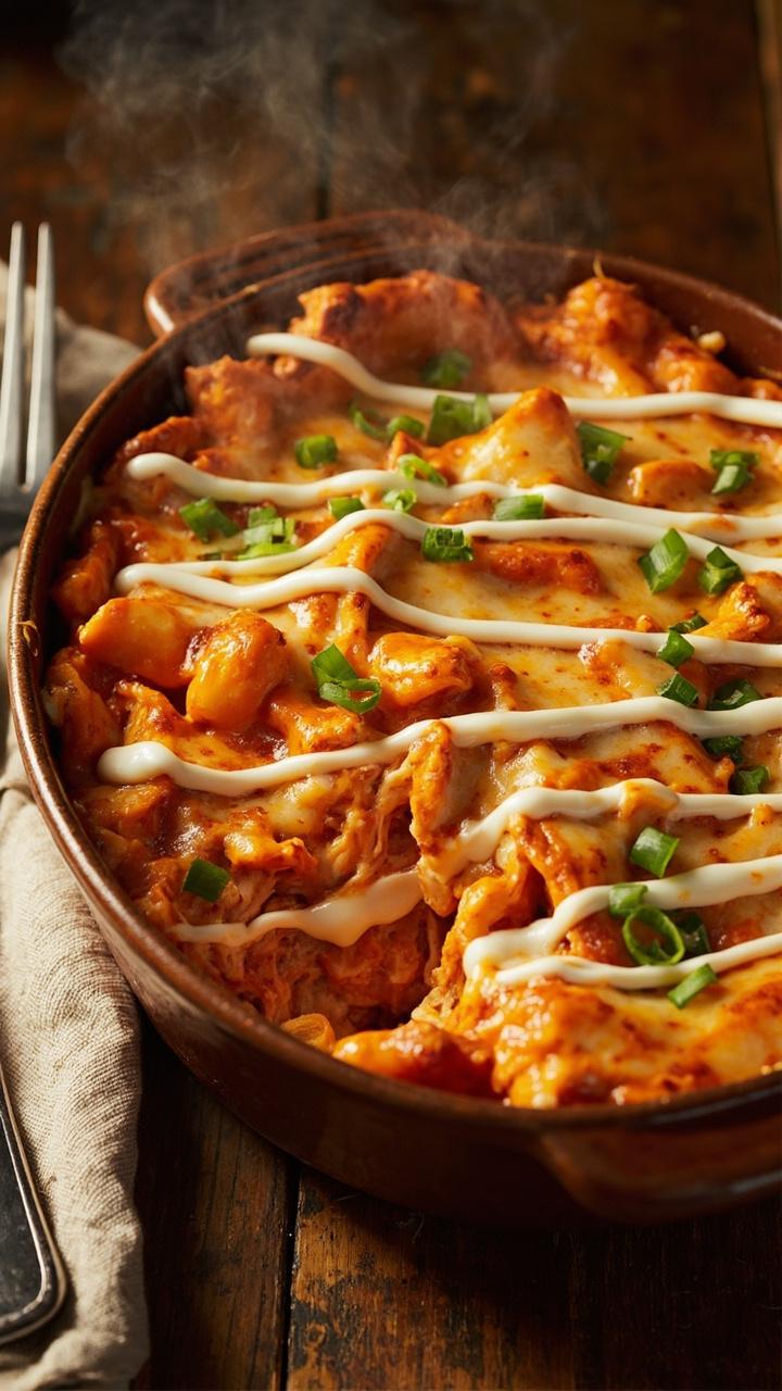 Baking dish with orange buffalo sauce glazed over gnocchi and shredded chicken, melted cheese with browned edges, thin drizzle of ranch and chopped green onions on top, napkin and fork beside dish