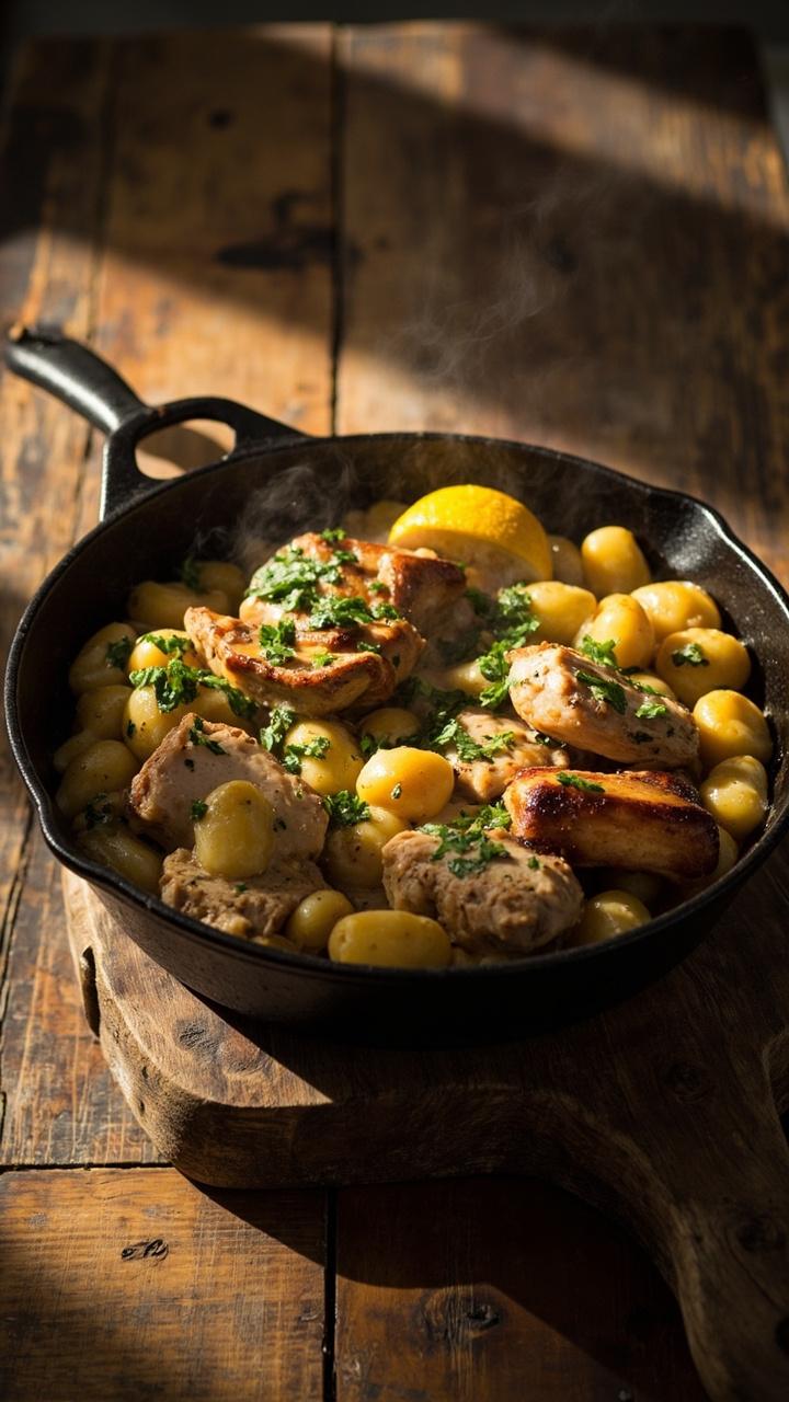 Black skillet on a wooden trivet with gnocchi and sliced chicken in a glossy herb and lemon sauce, lemon wedges on the side and a scattering of chopped parsley, rustic table visible