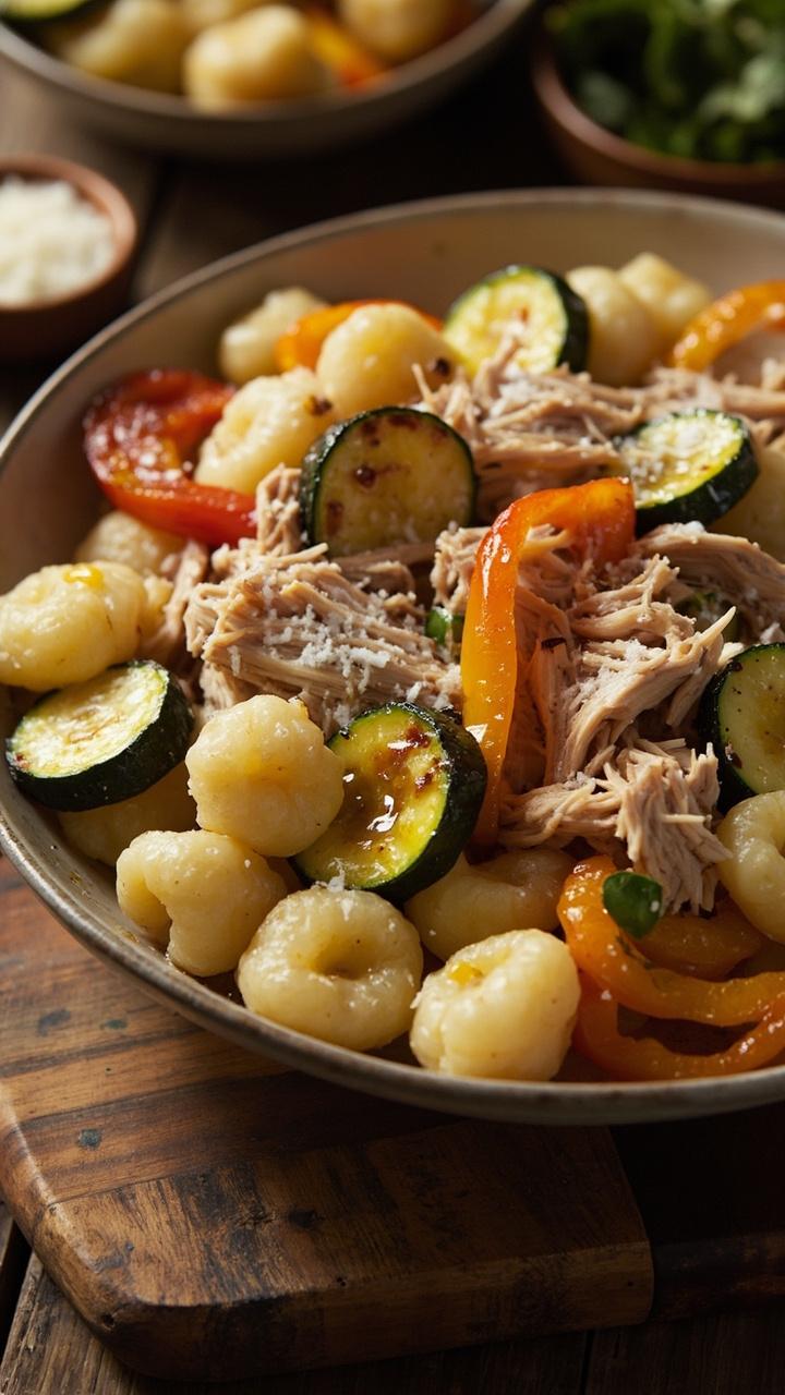 Wide shallow bowl with gnocchi, roasted zucchini and bell peppers, shredded chicken, a light drizzle of olive oil and a sprinkle of grated Parmesan, wooden serving board beneath