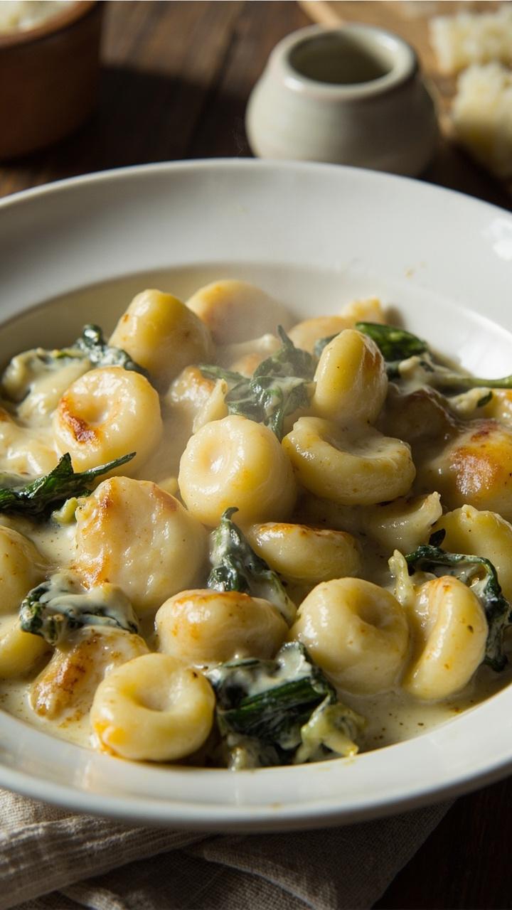 Shallow white bowl with gnocchi coated in creamy sauce with visible artichoke chunks and wilted spinach, golden browned cheese spots, small ramekin of extra Parmesan beside and a linen napkin