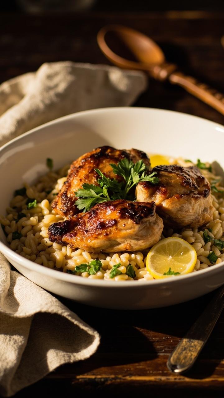 Golden roasted chicken thighs arranged on a shallow white bowl over glossy pearl orzo studded with flecks of green parsley and thin lemon slices, a drizzle of olive oil catching the light, a linen napkin and wooden spoon at the edge of the table