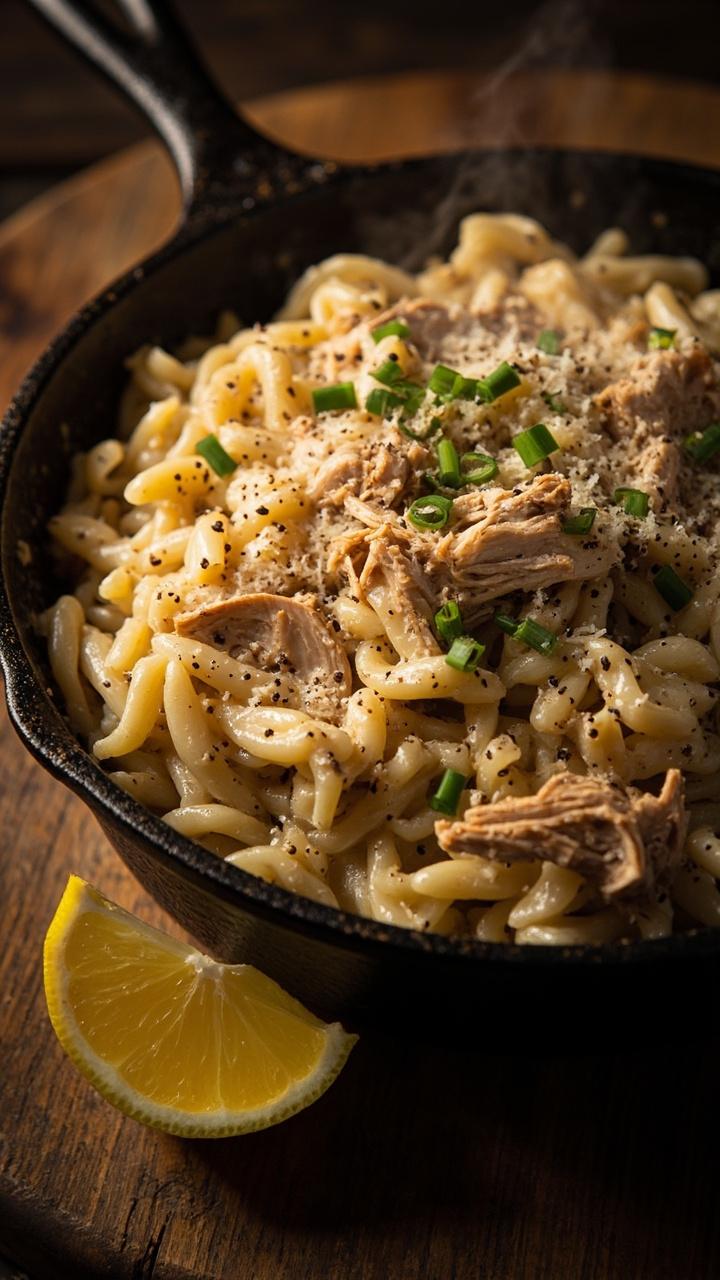 A shallow cast iron skillet filled with glossy creamy orzo mixed with shredded chicken and grated parmesan, a sprinkle of cracked black pepper and chopped chives on top, placed on a wooden board with a small wedge of lemon nearby