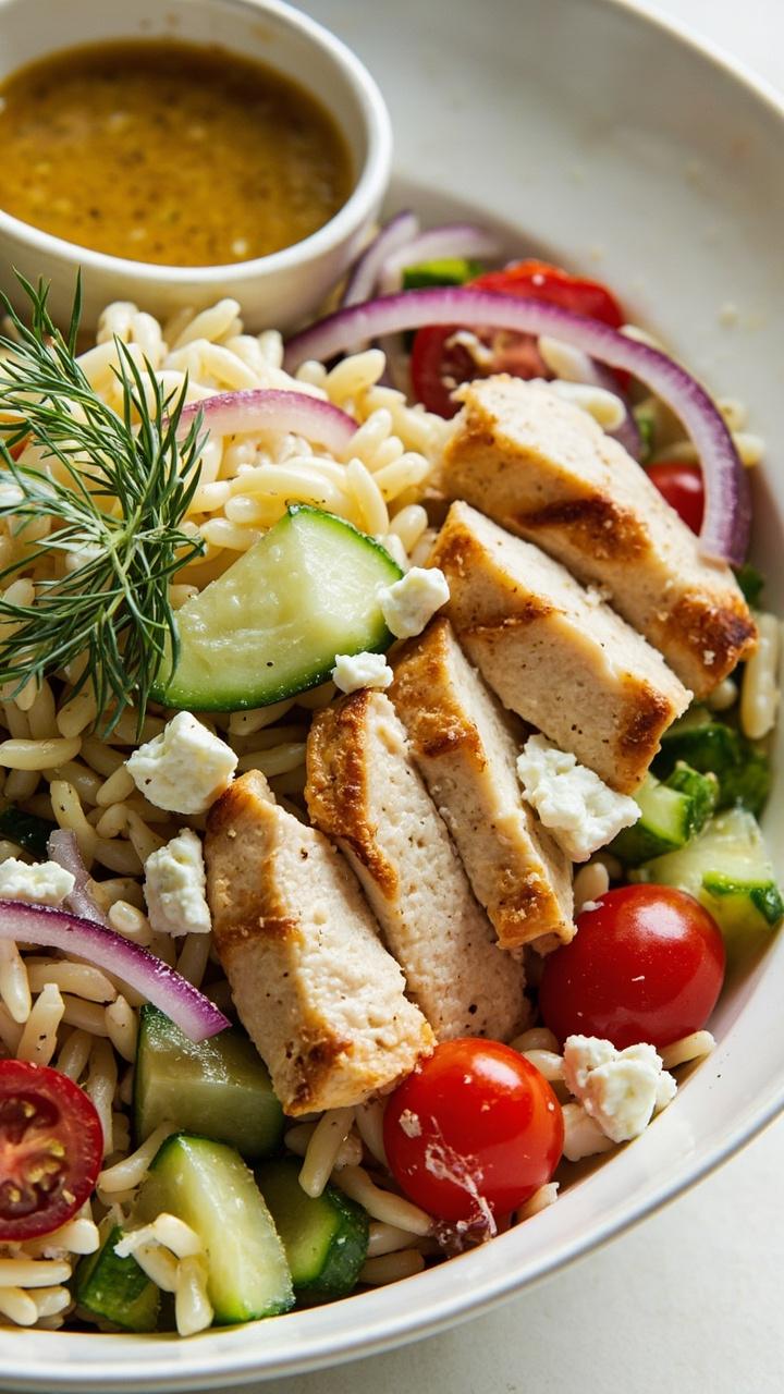 A wide shallow bowl of pearl orzo tossed with diced cucumber halved cherry tomatoes sliced red onion cubed feta and sliced grilled chicken, a sprig of dill on top and a small bowl of extra dressing at the side