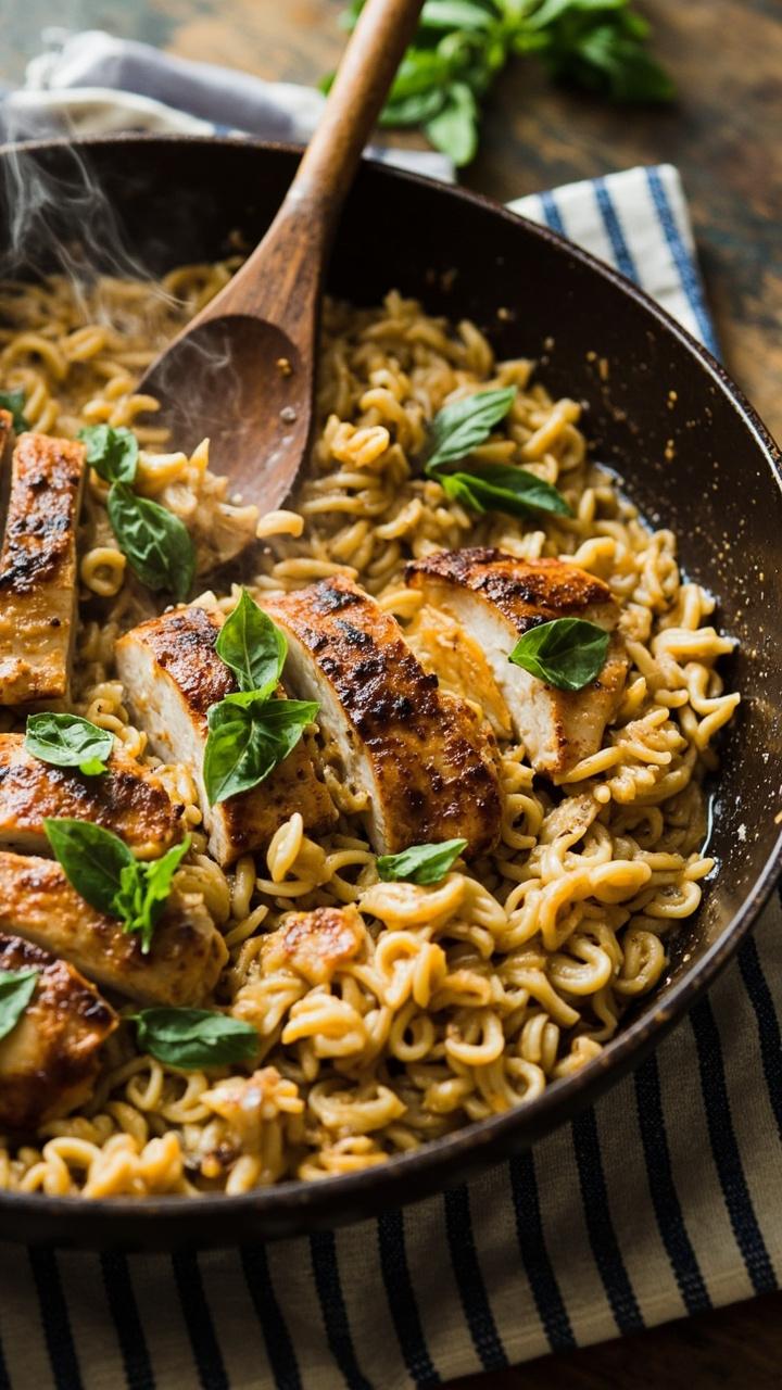 A single deep skillet filled with saucy orzo and sliced pan seared chicken breast, bright basil leaves scattered on top, a wooden spoon resting on the pan and a folded kitchen towel underneath