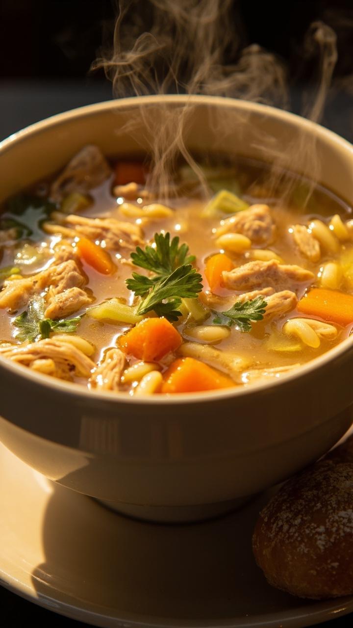 A deep white bowl of clear golden broth with orzo shredded chicken diced carrots celery and a scattering of parsley on top, a crusty bread roll on a small plate beside the bowl and steam rising gently