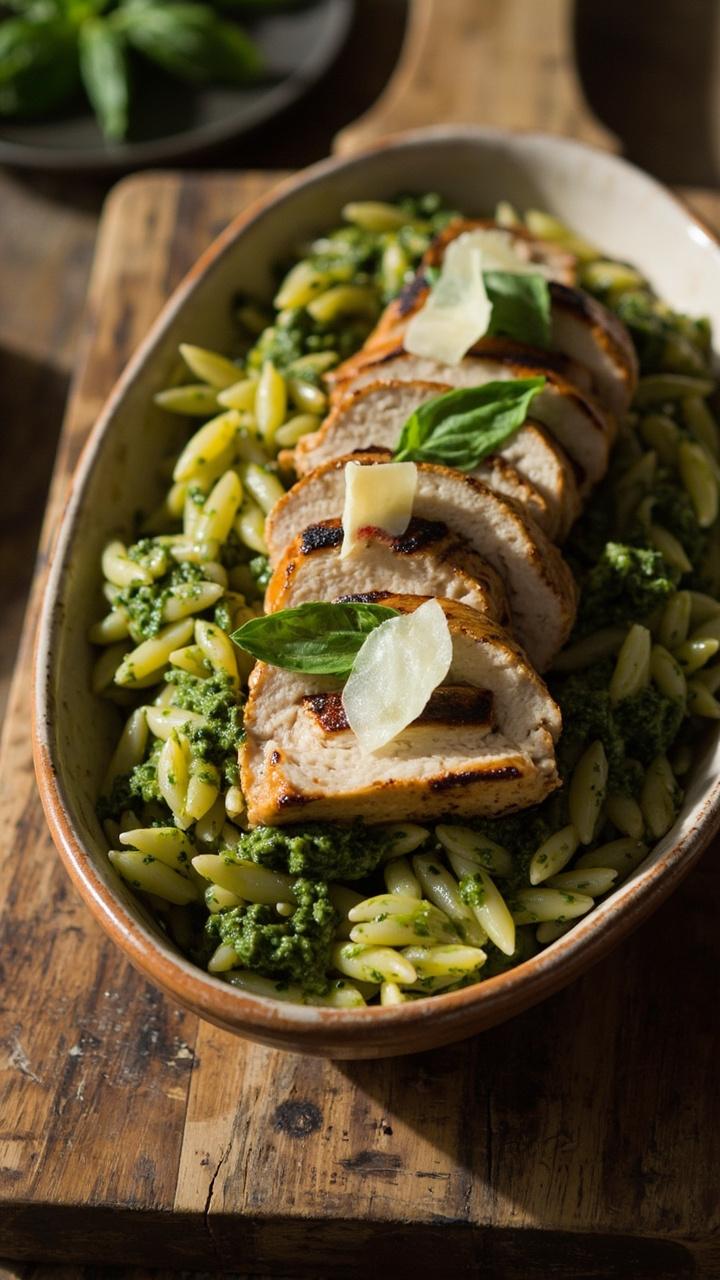 A shallow bowl of green pesto coated orzo topped with diagonal slices of grilled chicken breast, thin shavings of Parmesan and a small basil leaf on each slice, a rustic wooden cutting board beneath