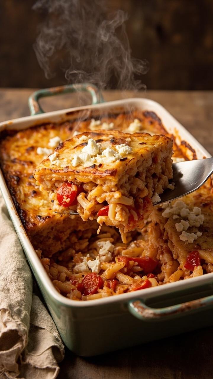 A rectangular baking dish with bubbly golden top revealing orzo mixed with tomato pieces chicken and crumbled feta, a serving spatula with a square piece on it and a linen cloth nearby