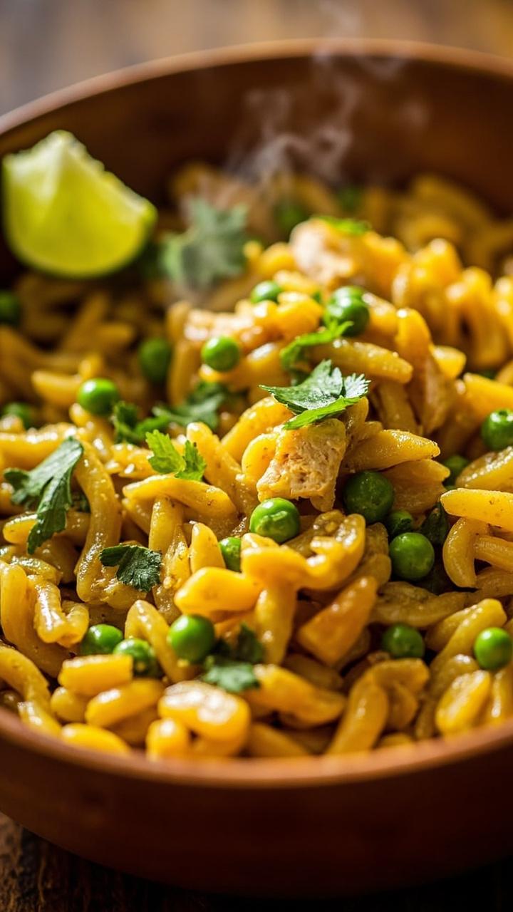 A shallow bowl of golden curry colored orzo with green peas and diced chicken scattered on top, a dusting of chopped cilantro and a small wedge of lime to the side
