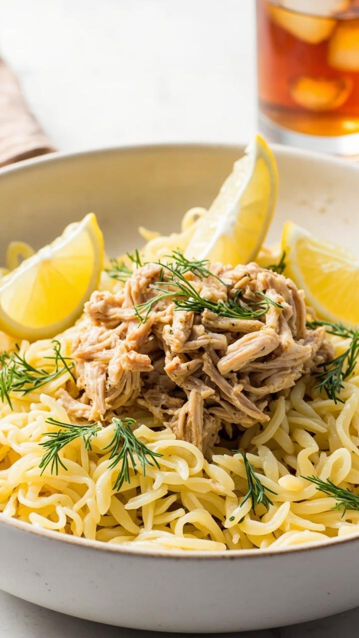 A shallow white bowl of pale yellow orzo flecked with bright green dill and topped with a mound of shredded chicken, thin lemon wedges on the rim and a small glass of iced tea beside