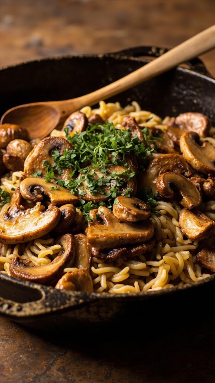 A rustic skillet of golden brown sliced mushrooms and caramelized edges on a bed of orzo with bite sized pieces of chicken scattered through, a sprinkle of chopped parsley and a wooden spoon resting on the rim