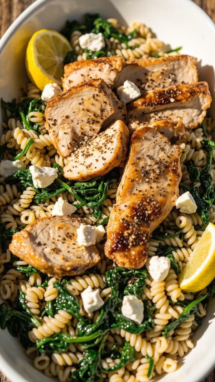 A shallow white serving dish with glossy orzo folded with wilted spinach crumbled feta and slices of seared chicken breast, lemon wedges and a sprinkle of black pepper visible