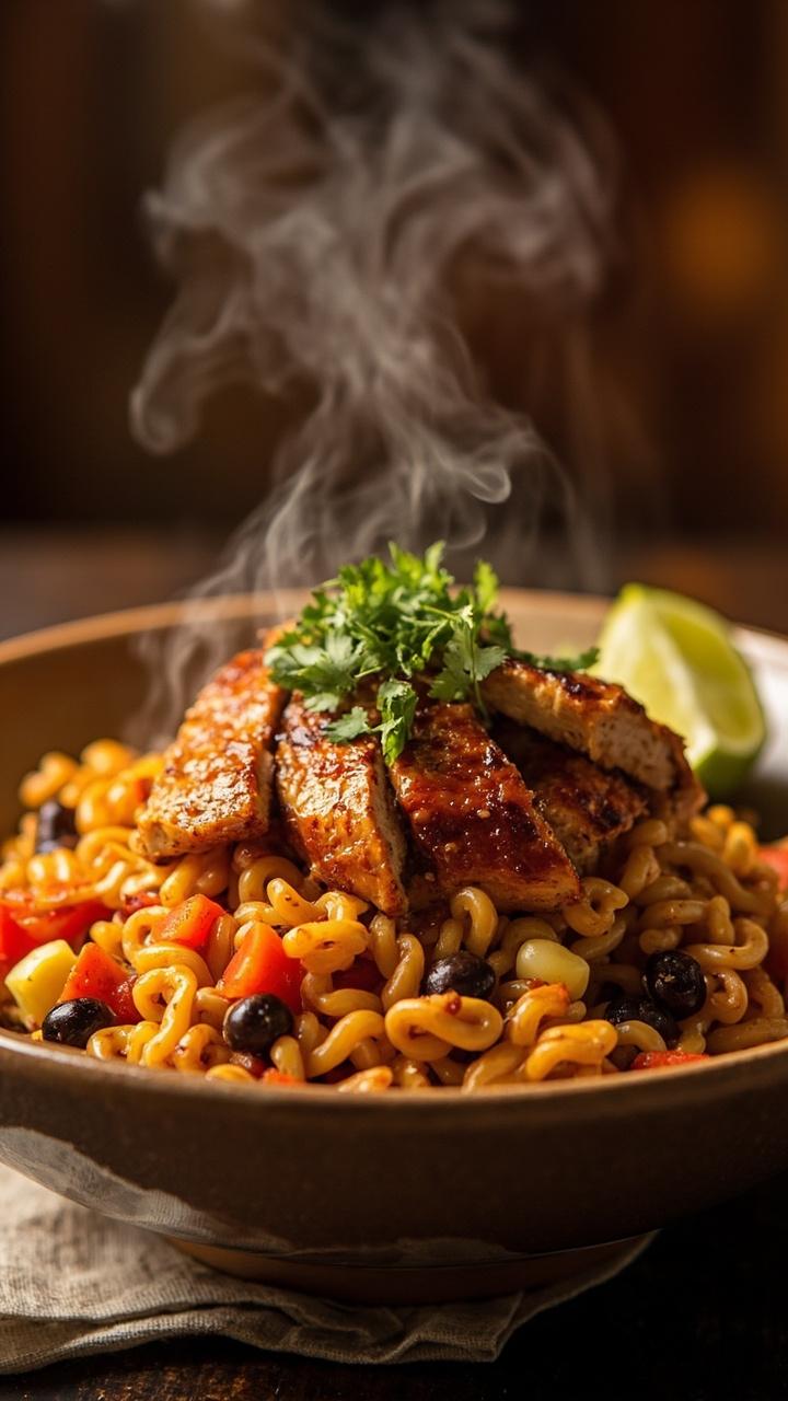 A shallow bowl of orange tinted orzo with black beans corn diced red bell pepper and sliced chipotle seasoned chicken, a lime wedge and chopped cilantro on top and a small napkin underneath