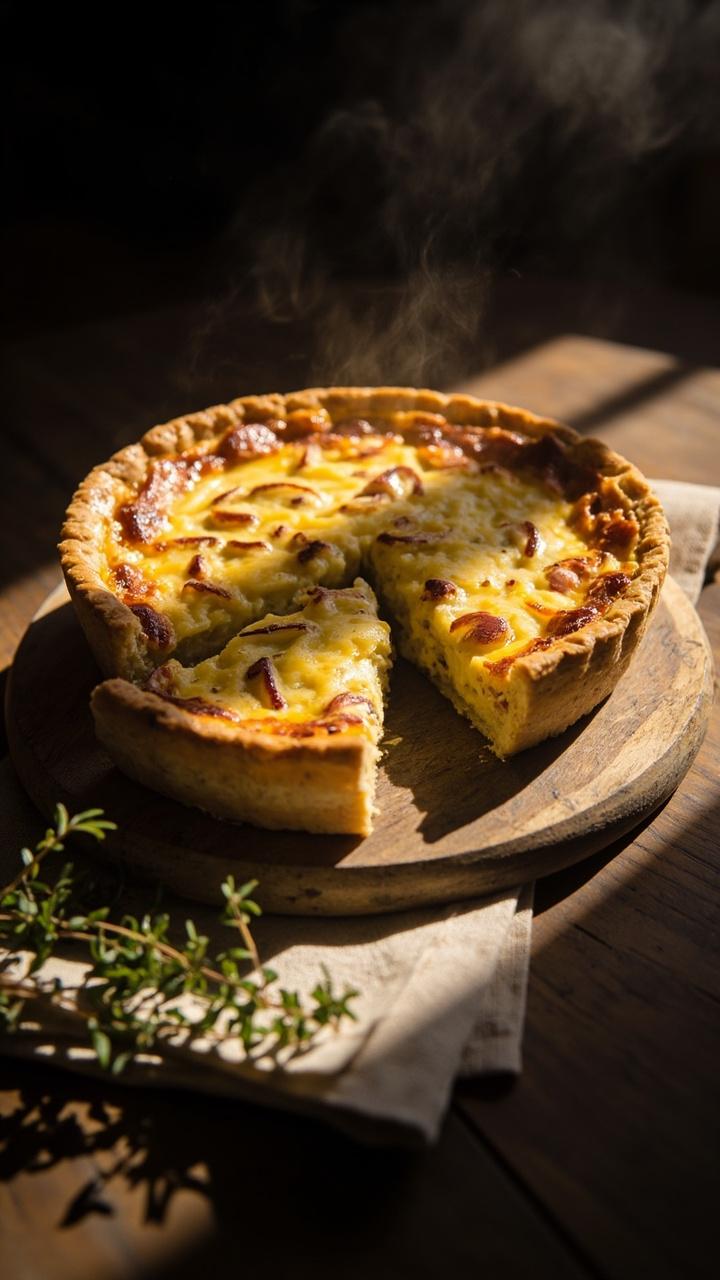 A golden whole quiche on a wooden board, one wedge slightly pulled away to reveal a custardy interior studded with bacon and browned top, small bunch of fresh thyme sprigs beside it, a linen napkin folded under the board, warm morning light. A golden whole quiche on a wooden board, one wedge slightly pulled away to reveal a custardy interior studded with bacon and browned top, small bunch of fresh thyme sprigs beside it, a linen napkin folded under the board, warm morning light.