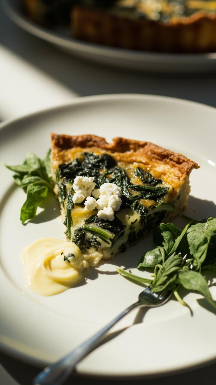 A slice of quiche on a white ceramic plate with visible crumbled white feta and green spinach ribbons, a small handful of fresh spinach leaves on the side, a fork with a smear of custard, soft natural light. A slice of quiche on a white ceramic plate with visible crumbled white feta and green spinach ribbons, a small handful of fresh spinach leaves on the side, a fork with a smear of custard, soft natural light.