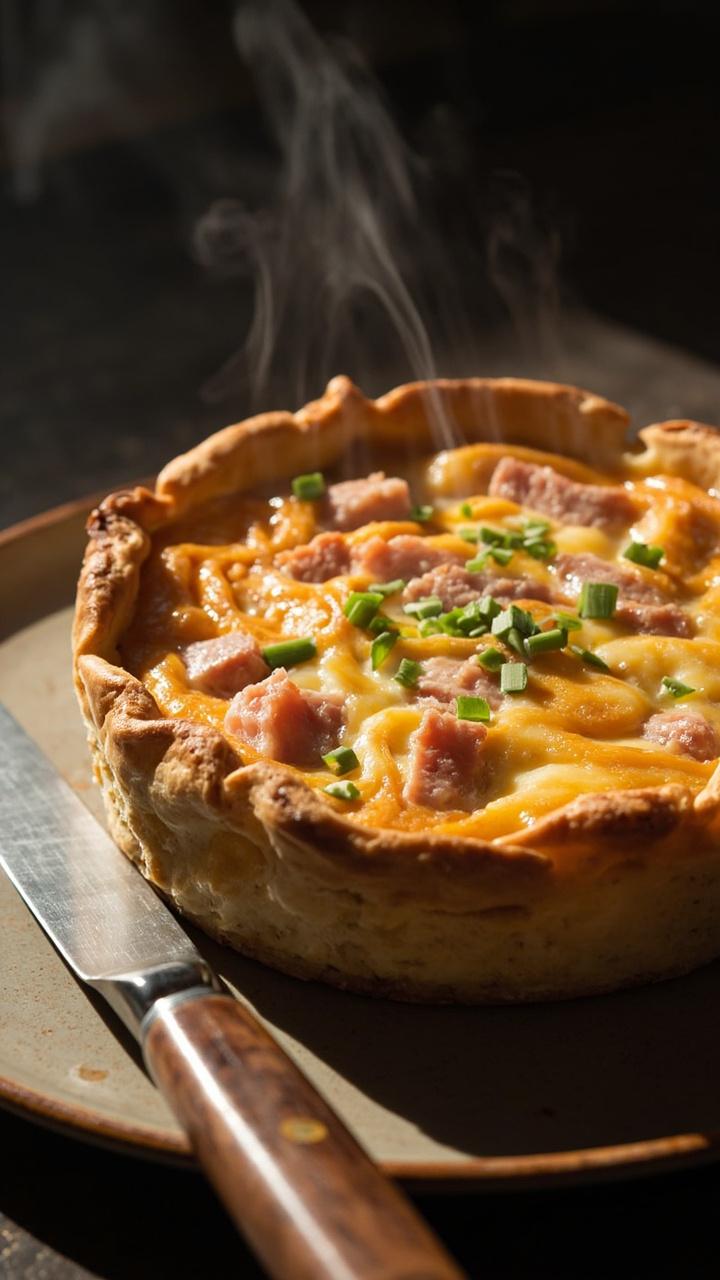A warm quiche with a golden crust on a round ceramic plate, visible cubes of pink ham and melted cheddar in the filling, a scattering of finely chopped green chives on top, a wooden-handled knife beside the plate. A warm quiche with a golden crust on a round ceramic plate, visible cubes of pink ham and melted cheddar in the filling, a scattering of finely chopped green chives on top, a wooden-handled knife beside the plate.
