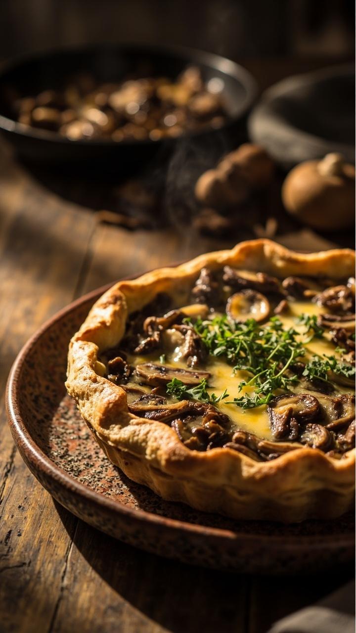 A rustic quiche with a slightly uneven crimped edge on a stoneware plate, visible sautéed brown mushroom slices and melted pale yellow Gruyere, scattered chopped parsley on top, a small skillet with leftover mushrooms in the background. A rustic quiche with a slightly uneven crimped edge on a stoneware plate, visible sautéed brown mushroom slices and melted pale yellow Gruyere, scattered chopped parsley on top, a small skillet with leftover mushrooms in the background.