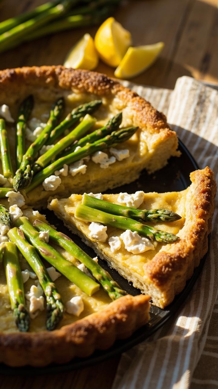A quiche with bright green asparagus spears arranged across the top, creamy white crumbles of goat cheese visible in the cut slice, a few lemon wedges on the side, a simple striped napkin. A quiche with bright green asparagus spears arranged across the top, creamy white crumbles of goat cheese visible in the cut slice, a few lemon wedges on the side, a simple striped napkin.